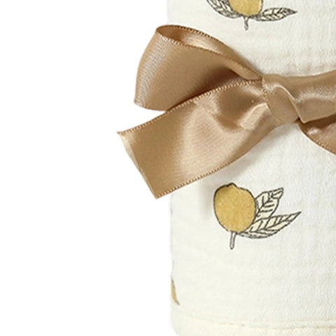 Bed Rail Teething Protector For Sides And Corners, Breathable Cotton Gauze Cover, lemon print, tied with golden ribbon, close-up