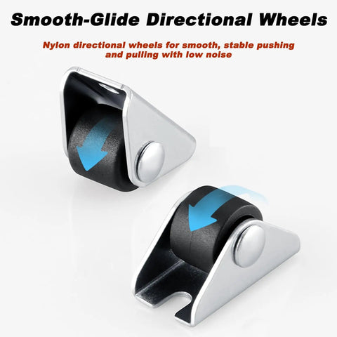 Smooth-Glide Directional Wheels, nylon wheel and silver bracket, shown in two angles for push-pull furniture use