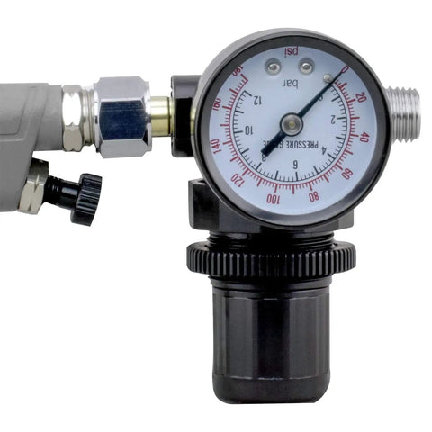 Handy Mini Hvlp Gravity Feed Spray Paint Gun With Zero Point Eight Mm Needle Tip And Sixteen Ounce Mixing Cup pressure gauge for accurate psi readings.