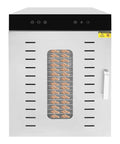 Heavy Duty Food Dehydrator Machine Featuring Rock Solid Stainless Steel Trays Smart Touch Panel And A Reliable 24 Hour Timer front view with racks holding jerky.