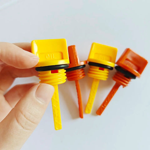 4 Piece Oil Filler Cap Assembly Kit For Small Gas Engines And Portable Generators Including Predator Champion Firman 196cc 212cc 208cc 224cc Models With M18 And M20 Dipsticks shown close-up