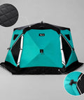 Large Hexagonal Ice Fishing Tent With Chimney Vent For Hot Tent Camping Quick Snap Setup insulated in peacock green with removable floor.