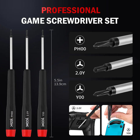 17 In 1 Gamebit And Tri Wing Screwdriver Repair Kit showing PH00, 2.0Y, and Y00 screwdrivers, details of tips and usage.