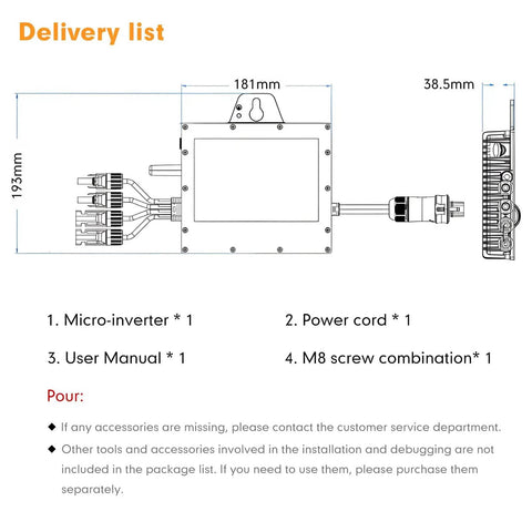 Delivery list diagram for Solar Grid Tie Micro Inverter 800W SMI800W Smart MPPT With App Real Time Monitoring