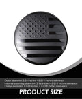 Top Shelf American USA Flag Wheel Center Caps For Chevrolet GMC Colorado Yukon Sierra 3.25 Inch Rim Hub Covers Blackout design showing size details.