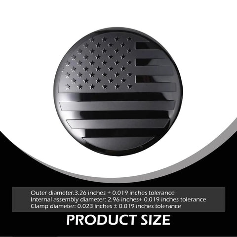 Top Shelf American USA Flag Wheel Center Caps For Chevrolet GMC Colorado Yukon Sierra 3.25 Inch Rim Hub Covers Blackout design showing size details.