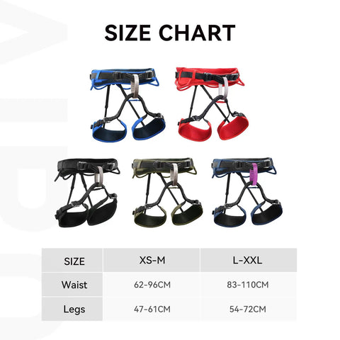Heavy Duty Rock Climbing Harness For Men And Women Adjustable Roof And Indoor Rappelling Rig size chart with color options