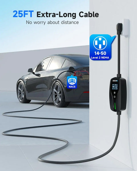 Heavy Duty Level 2 Ev Charger For Tesla With Nacs Cord And Nema 14-50 Plug At Forty Amps Delivers Fast Nine Point Six Kilowatts showing a car charging.