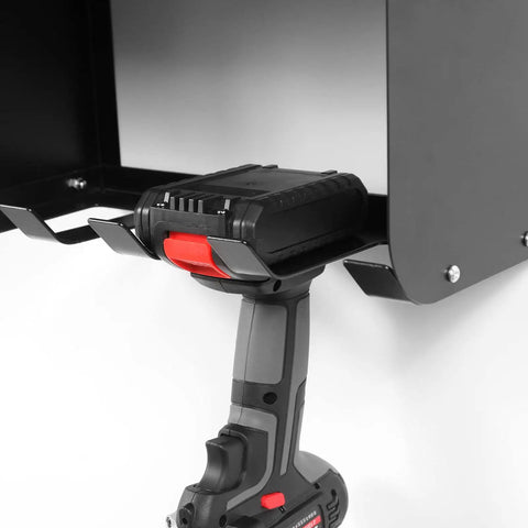 Wall Mount Power Tool Organizer Five Drill Holder Rack Heavy Duty Cordless Drill Storage showcasing a tool hanging on alloy steel rack.