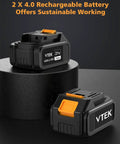 Two VTEK 4.0Ah 21V rechargeable lithium-ion batteries for brushless cordless reciprocating saw with 3-speed settings, 0-3000 RPM.