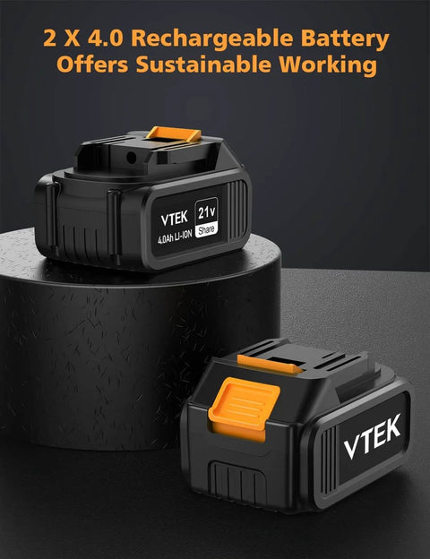 Two VTEK 4.0Ah 21V rechargeable lithium-ion batteries for brushless cordless reciprocating saw with 3-speed settings, 0-3000 RPM.