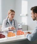 Hella Realistic Silicone Liver Anatomy Set Featuring Three Straight Up Life Size Medical Teaching Models With Normal And Fatty Liver Versions displayed during a patient consultation.