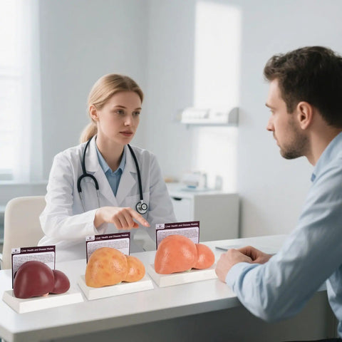 Hella Realistic Silicone Liver Anatomy Set Featuring Three Straight Up Life Size Medical Teaching Models With Normal And Fatty Liver Versions displayed during a patient consultation.