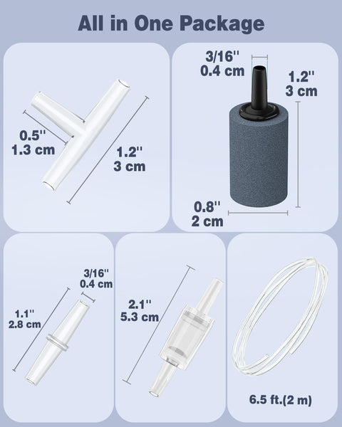 4 Outlet Aquarium Air Pump Quiet Adjustable Oxygen Aerator For Fish Tanks And Ponds package contents with dimensions.