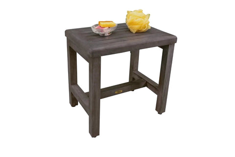 18 Inch Gray Waterproof Teak Wood Shower Bench No Slip Stool Inside Shower Seat For Safety And Storage Easy Access Solid Bathroom Organization Bench For Upgraded Shower Comfort with soap and sponge on top