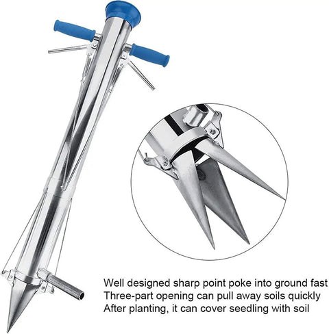 Long Handled Seed Planter For Easy Home Gardening, Semi Automatic Seeder With Depth Adjustment, stainless steel body