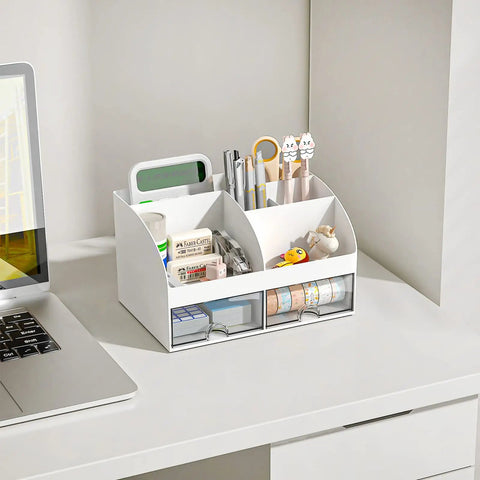 Ultimate Desk Organizer With Six Compartments And Two Drawers, Plastic Makeup Organizer And Pen Holder, White Desktop Storage