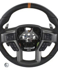 Ford Raptor Style Heated Black Leather Steering Wheel Kit With Orange Stitching And Orange Sightline Includes Wire Harness Trim Bezel Steering Wheel Controls And Installation Hardware.