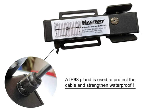 Heavy Duty 24V DC Automatic Electric Gate Lock For Swing Gates And Gate Openers, close-up on waterproof IP68 gland detail