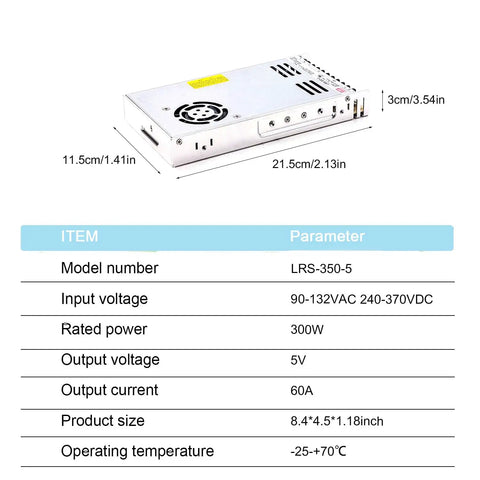 Industrial Switching Power Supply 5V 60A 300W UL Certified showing size dimensions and technical specifications.