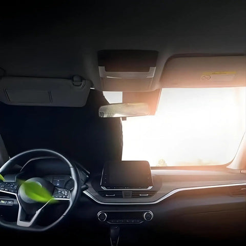 Heavy Duty Windshield Sunshade For Tesla Model 3 Y S X Cybertruck blocking sunlight inside a Tesla cabin.