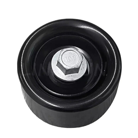 Get Your Engine Running Smooth With This Premium Serpentine Belt Kit Including Pulley Tensioner Idler For Kia 2.0 And 2.4 Models To Stop Slippage And Boost Peak Performance Today. black steel idler pulley close-up with center bolt