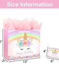 13 Inch Unicorn Gift Bag With Greeting Card And Tissue Paper For Baby Girls And Kids Birthday Party Rainbow Unicorn Theme All In One Gift Bag Set For Easy Celebration, size details displayed.
