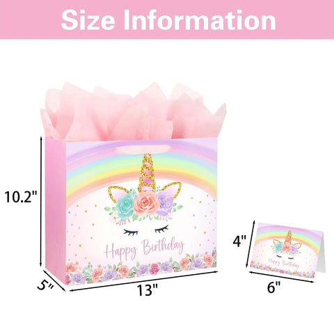 13 Inch Unicorn Gift Bag With Greeting Card And Tissue Paper For Baby Girls And Kids Birthday Party Rainbow Unicorn Theme All In One Gift Bag Set For Easy Celebration, size details displayed.