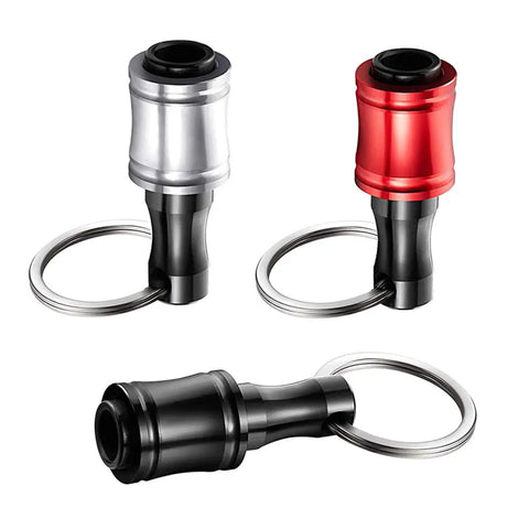 Three Six Piece Keychain Extension Bar Aluminum Alloy Heavy Duty Screwdriver Bits Holder Set in silver, red, and black.