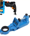 Premium Adjustable Bench Drill Stand Mount Featuring 360 Swivel Head, sturdy blue holder for electric angle drill with clamp.