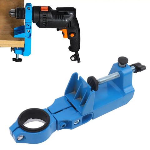 Premium Adjustable Bench Drill Stand Mount Featuring 360 Swivel Head, sturdy blue holder for electric angle drill with clamp.