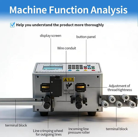 Close-up view of Auto Wire Stripping Machine For Precise Cable Peeling And Cutting Of 0.1 To 4 Mm2 Wires with controls and components visible.