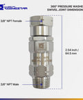 Stainless Steel 3/8 Inch NPT-M 360 Degree Pressure Washer Swivel Built To Last Leakproof High Flow Design For Up To 4000 PSI Keeps Hoses Flexible And Twist Free Not For M22 Threads Ideal For Tough Jobs., 3/8 NPT female to male swivel, 2.54-inch stainless steel pressure washer fitting