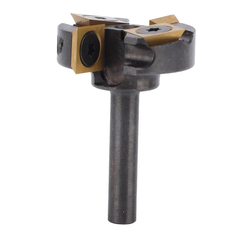 Top Tier High Performance Slab Flattening Router Bit For CNC With 1 3/8 Inch Cut Diameter And Sturdy 1 4 Inch Shank, view showing carbide inserts.