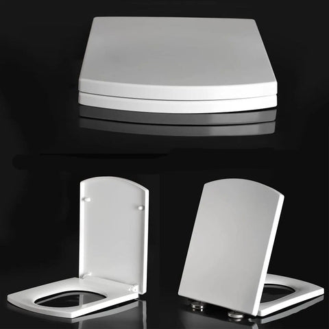 Freakin Smooth Soft Close Square Toilet Seat With Instant Quick Release Toss Design Thickened Polymer Build, top and side views.
