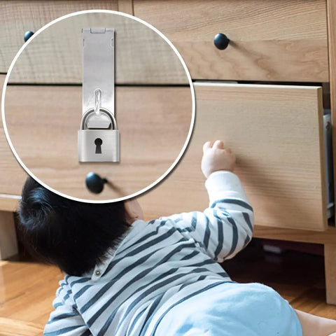 Two Pack Stainless Steel Gate Lock Hasp Set With Safety Packlock Clasp for Cabinets shown, secure child from unlocked drawer