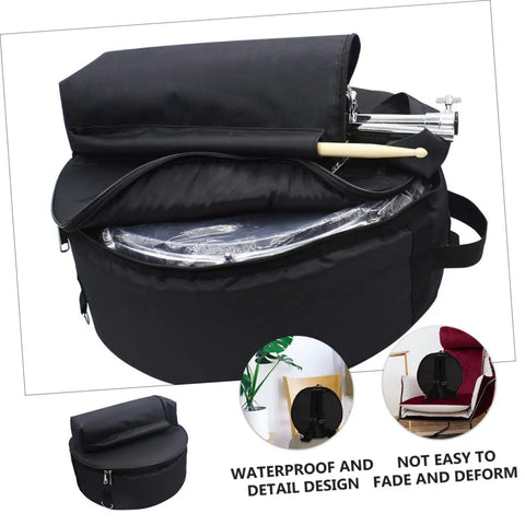 Tour Ready Waterproof Drum Backpack And Oxford Cloth Gig Bag With Padded Adjustable Straps shown unzipped with drumsticks inside.