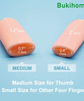 12 Pack Gel Finger Cots For Pain Relief And Fingertip Protection, size comparison of medium and small silicone sleeves on blue background
