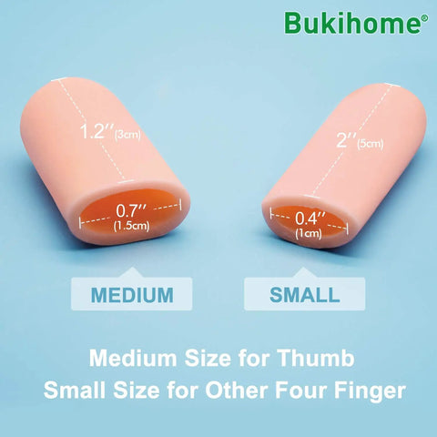 12 Pack Gel Finger Cots For Pain Relief And Fingertip Protection, size comparison of medium and small silicone sleeves on blue background