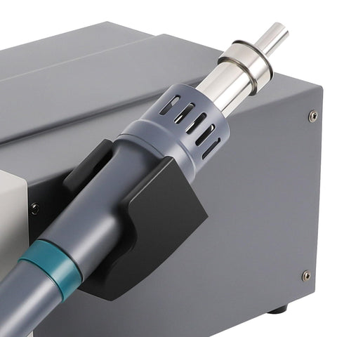 Close-up of a Powerful 1000W Digital Hot Air Rework Station With LCD Display nozzle for precise temperature control in PCB repairs.