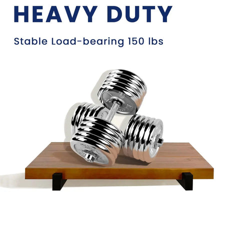 Beefy Five Millimeter Thick Heavy Duty Shelf Brackets Set Ten Inch Wall Mount Industrial Metal Black Iron Finish No Sag High Load Capacity Over One Hundred Eighty Pounds Per Pair displaying weight capacity with dumbbells