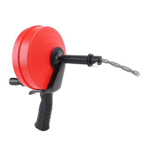 Heavy Duty Manual Drain Auger Snake For Kitchen And Bathroom Plumbing Super Tough Seven Point Five Meter Manganese Steel Cable tool in red and black.
