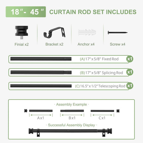 Heavy Duty All Metal Curtain Rod In Matte Black Adjustable From 18 To 45 Inches No Fuss Drapery Rod For Bedroom Kitchen Dorm Or Apartment Supports Up To 25 Lbs Modern Yet Classic Style shown with assembly parts and tools