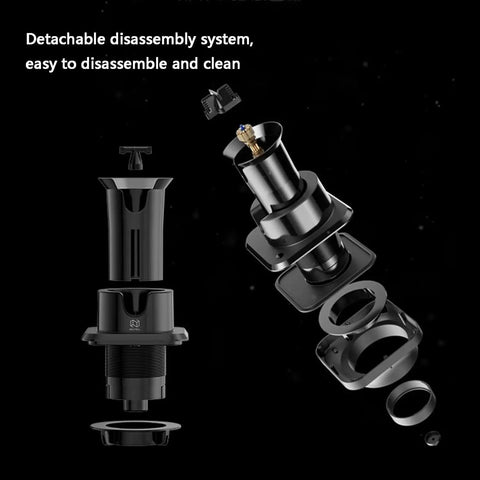Electric Automatic Coffee Portafilter Cleaner Kicks Out Wet Grounds Fast No Sweat Cleanup With Heavy Duty Arc Brush Set parts disassembled for easy cleaning.