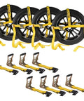 4 Pack 2 Inch By 10 Foot Wheel Tie Down Straps With Flat Hooks And Dual Ratchets For Car Hauling, 14-17 Inch Tires, Yellow Webbing