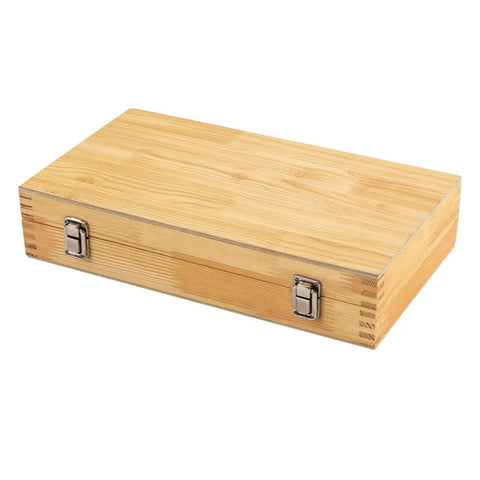Wooden carrying case for Keyway Broach Set For Lathe, 18 Pc HSS Metalworking Cutting Tool Kit, closed with metal latches