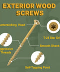 Diagram highlighting features of Deck Screws 1-5/8 Inch Wood Screws Size 8, 800 Pack, including Torx Star Drive and epoxy coating.