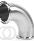 Angled side view of stainless steel 2-inch tri-clamp elbow (90°) sanitary pipe fitting; 50.5mm OD with gasket rings.