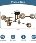 6 Light Glass Globe Sputnik Chandelier with Matte Black and Gold Finish, dimensions 33.46W x 12.20H, for living spaces