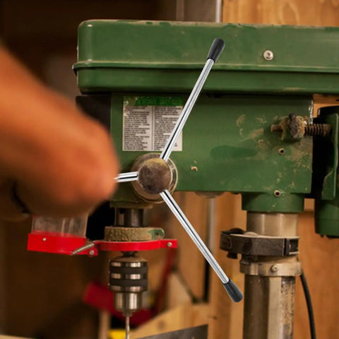 Three Piece M8 X 200 Millimeter Drill Press Handle Kit With Built Tough Phenolic Knobs And Ergonomic Crank for bench drill machine in use.